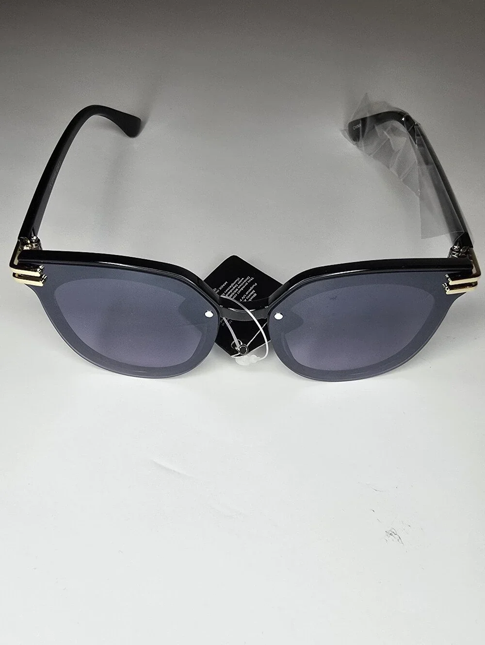 Womens Square Sunglasses Black Frame Dark Lens Gold Metal Accent NWT
